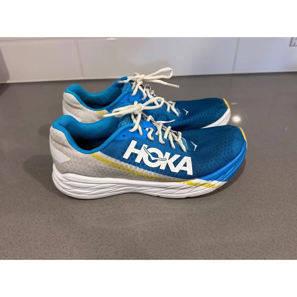 Hoka One One Rocket X Mens 10.5 Womens 11.5 Blue White Carbon Road Running Shoes